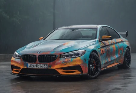 GTA-style artwork bmw and mercedes concept cars,<lora:CHV-Zoom:1>,Cornelisz Hendriksz Vroom vehicle,car,gulf [1],raining! [2], . Satirical, exaggerated, pop art style, vibrant colors, iconic characters, action-packed