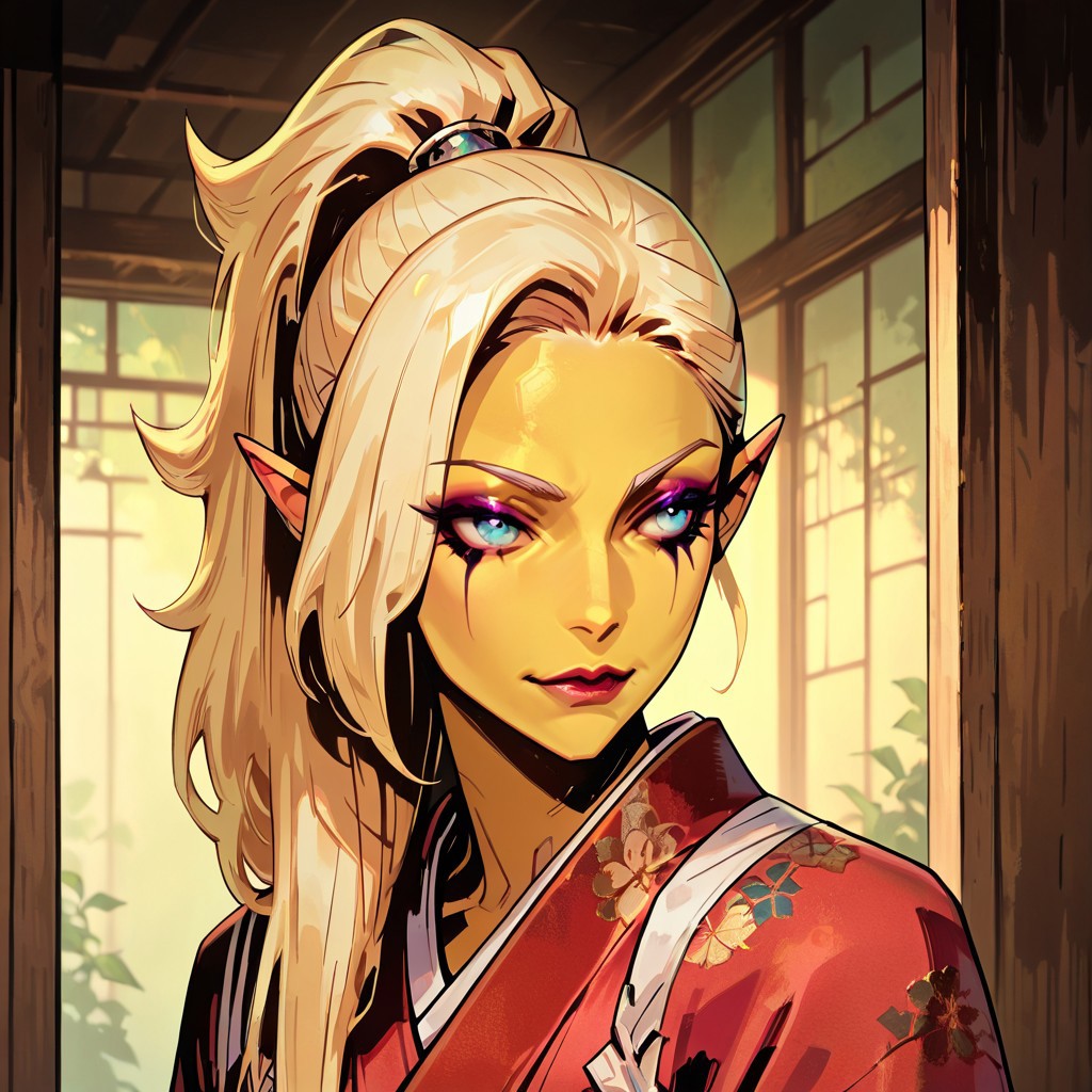 masterpiece, best quality, newest, absurdres, highres, TTCSV1.0, 
1girl, asian, asian female, elf, elf girl, pointy ears, long hair, yellow skin, blonde hair, golden colored skin, kimono, red kimono, ponytail long ponytail, high taied ponytail, makeup, mascara,