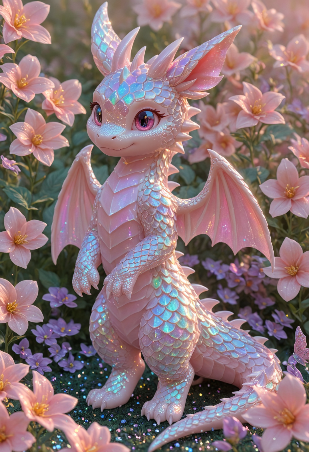 a cute chibi dragon with rabbit ears and wings, pastel iridescent scales, standing on a flower bed, in a pastel hues garden, <lora:aidma-Image UpgraderXL-v0.1:1>, detailemaximizer, <lora:gl1tt3rSDXL:1>, gl1tt3r, glitter, iridescent,