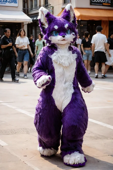 score_9,score_8_up,score_7_up,best quality,amazing quality,very aesthetic,absurdres,official art,intricate details,hyperdetailed,BRAKE,
(furry:1.2),furry fox,(purple and white fur),furry paws,running,crowded street,blue eyes,furry ears,full fur suit,realistic,solo,full body,<lora:FullFurSuitPonyLora:0.85>,
