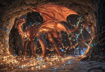 Dragon in Christmas cave, cave, festive cave, Christmas decorations, Christmas lights
(((Sparkling, Sparkly))) glowing dragon, christmas dragon, dragon wrapped in Christmas lights, glowing matrix, glowing Christmas lights, hyper realistic, photorealistic, HD, High detail, High detail eyes, high detail face, wings, glowing wings, light scales, glowing Christmas lights on wings, glowing light scales, tail, tail wrapped in Christmas lights, four legs,
BREAK
Snowy background