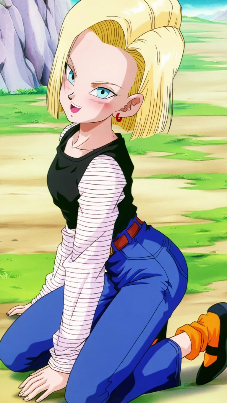 source_anime, masterpiece, best quality, amazing quality, anime screencap, high quality, 8k, absurdres, official style, 1girl, solo, looking at viewer, :d, kneeling, blush, <lora:Android_18_Z_iL:1>, 4ndr01d 18, blue eyes, blonde hair, short hair, buu saga, black shirt, striped sleeves, long sleeves, denim, jeans, orange socks, black footwear, belt, jewelry, earrings,