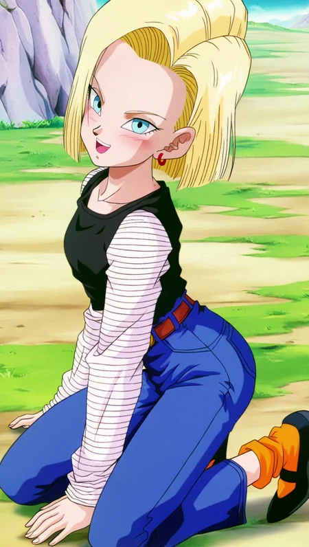 source_anime, masterpiece, best quality, amazing quality, anime screencap, high quality, 8k, absurdres, official style, 1girl, solo, looking at viewer, :d, kneeling, blush, <lora:Android_18_Z_iL:1>, 4ndr01d 18, blue eyes, blonde hair, short hair, buu saga, black shirt, striped sleeves, long sleeves, denim, jeans, orange socks, black footwear, belt, jewelry, earrings,