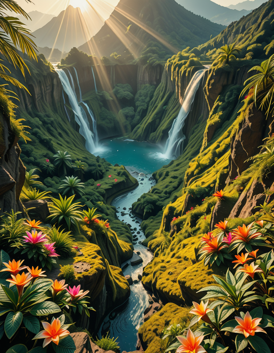 A breathtaking view of an ancient, dormant volcano now transformed into a lush, vibrant natural sanctuary. The crater is filled with dense tropical forests, colorful exotic flowers, cascading waterfalls, and mist swirling gently in the morning light. Vines and moss cover the dark volcanic rocks, and small streams wind down the slopes. while rays of sunlight pierce through the dense canopy, creating sparkling reflections on the water. The atmosphere feels peaceful, enchanted, and untouched by humans. The scene is depicted in an ultra-detailed, hyper-realistic style, with warm, soft lighting and rich, saturated colors that enhance the magical and serene mood of the landscape.
<lora:SDXLFaeTastic2400:0.4> <lora:extremely_detailed:0.4> extremely detailed,dormant v0lc4n0, <lora:dormant_v0lc4n0-i:1>, Masterpiece,best quality,hi res,8k,hi res,8k,award winning,(sharp focus, intricate, highly detailed),