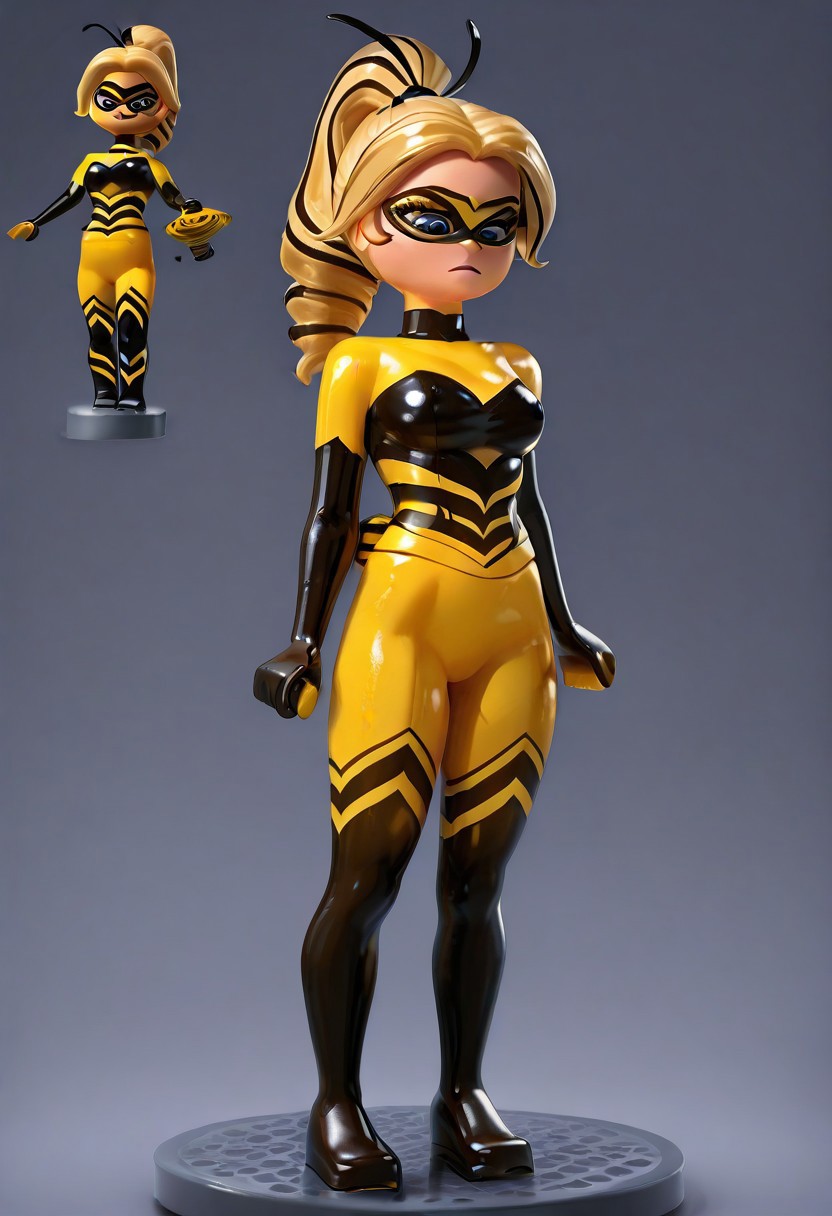 masterpiece, best quality, amazing quality, very aesthetic, absurdres, 1girl, solo, lego minifig, imtdqueenbee, blonde hair, blue eyes, two-tone ponytail, multicolored hair, long hair, drill hair, medium breast, bodysuit, domino mask, mask, superhero, elbow gloves, gloves, yellow bodysuit, skin tight