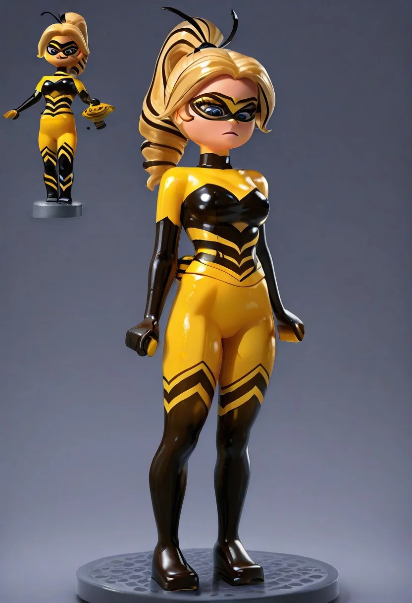masterpiece, best quality, amazing quality, very aesthetic, absurdres, 1girl, solo, lego minifig, imtdqueenbee, blonde hair, blue eyes, two-tone ponytail, multicolored hair, long hair, drill hair, medium breast, bodysuit, domino mask, mask, superhero, elbow gloves, gloves, yellow bodysuit, skin tight