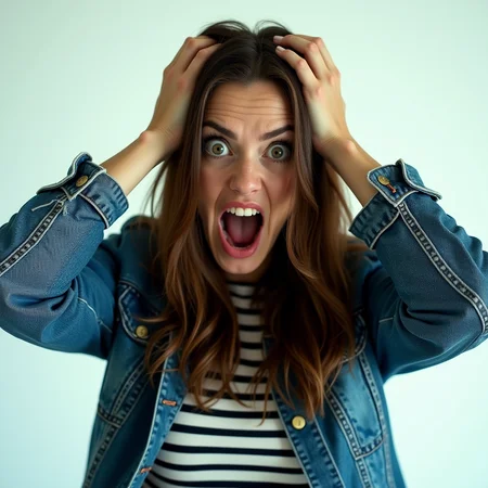 <lora:Hand v2:1>
detailed edges, detailed image, perfection style, A cinematic detailed image of a screaming angry woman with a surprised look on her face holding her head with bother her hands, movie themed, sharp, detailed background, epic cinematic photography, artistic style, dramatic light style, cinematic color style, Kodak 35mm film style, detailed style, hand focus style, 1girl, solo, long hair, looking at viewer, open mouth, simple background, brown hair, shirt, white background, brown eyes, jacket, upper body, teeth, striped, denim, blue jacket, striped shirt, realistic, horror (theme), screaming, hands on own head, denim jacket, lips, wide-eyed, striped clothes, traditional media