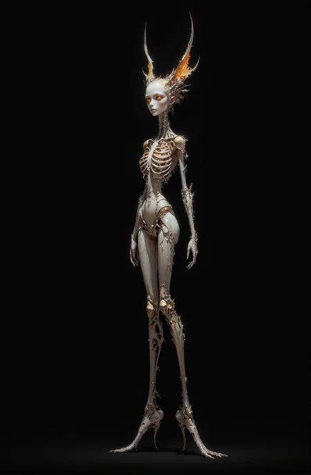 This is a highly detailed CGI rendering of a fictional creature resembling a humanoid alien with a skeletal structure. The creature stands on two long, thin legs with joints clearly visible, giving it an insect-like appearance. Its torso is elongated and narrow, with a ribcage that is prominently defined. The head is uniquely shaped, resembling a long, thin neck with a small, pointed head and large, glowing orange eyes that give it an eerie, intelligent look. The skin is a pale, almost white color, adding to its skeletal appearance. The background is a solid black, which contrasts sharply with the creature, making it the focal point of the image. The lighting is even and soft, highlighting the contours and details of the creature's form without casting harsh shadows. The composition follows the rule of thirds, with the creature positioned slightly off-center, drawing the viewer's eye naturally across the image.
<lora:DarksunRIDDV3:1> <lora:flux_hyperkraximalism-crazy:0.7>