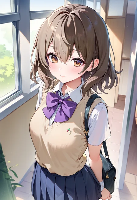 score_9,score_8_up,score_7_up,<lora:PDFA_Style7256193366v4:0.8>,1girl,solo,bangs,blush,smile,looking at viewer,indoors,:d,bag,bow,bowtie,brown eyes,brown hair,dress shirt,hair between eyes,medium hair,pleated skirt,purple bow,school uniform,shirt,shirt tucked in,short sleeves,shoulder bag,skirt,sweater vest,white shirt