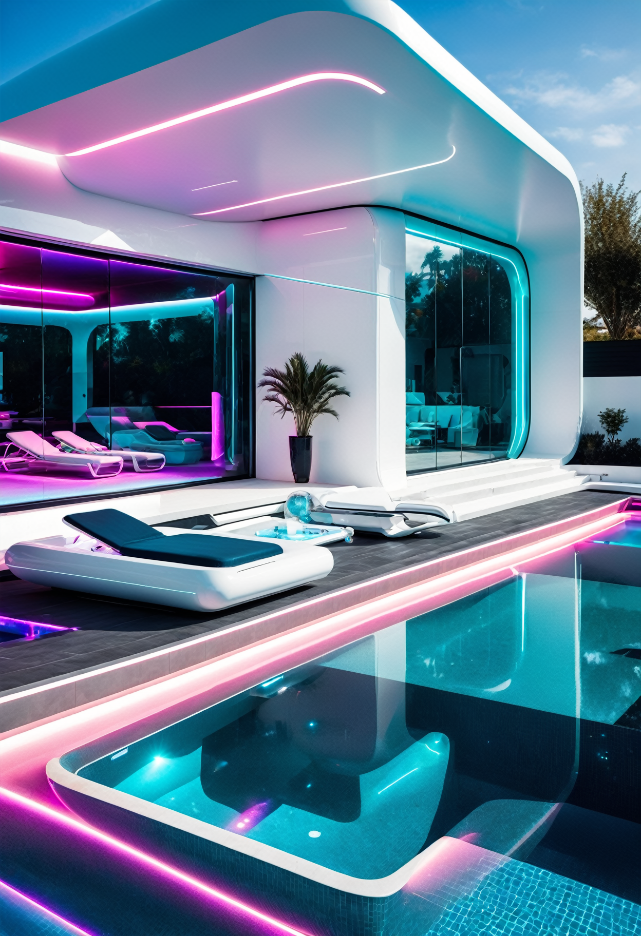 a futuristic poolhouse exterior with a pool , beautiful detailed, rich deep colors, beautiful, highly detailed, Jed-FutInt ,  <lora:FuturisticInteriorStyle:0.7>