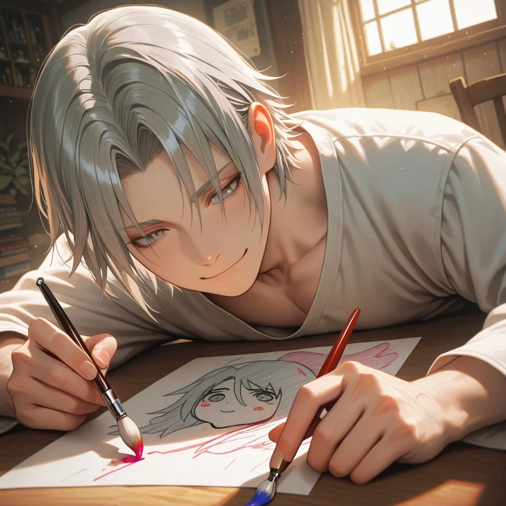 masterpiece, best quality, amazing quality, absurdres, newest, detailed background, definition so sharp, Ultra-HD, 8K cinematic, very awa, impressionate, amazing quality, highres,
solo, male focus, manly,
yashiroisana, 1boy, short hair, parted bangs, shiro_pretime, shiro_grey hair, shiro_grey eyes, drawing, focused expression, but with a slight smile, calm, art studio, natural light, paintbrushes, colorful, playful, aesthetic, creative