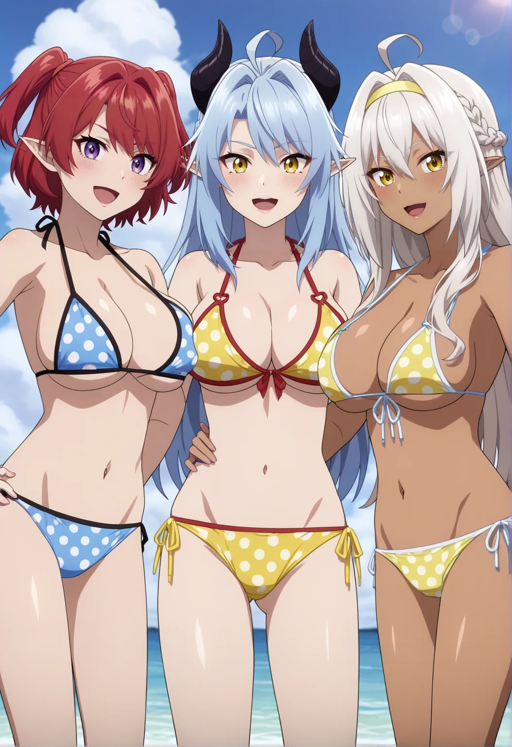 score_7_up, BREAK source_anime, multiple girls, 3girls, breasts, bikini, swimsuit, yellow eyes, red hair, blue hair, dark skin, large breasts, purple eyes, yellow bikini, horns, short hair, dark-skinned female, navel, pointy ears, long hair, open mouth, striped clothes, braid, hair intakes, striped bikini, cleavage, white hair, polka dot, ahoge, hairband, polka dot bikini, frills, frilled bikini, side-tie bikini bottom, blush, looking at viewer, two side up, bra, underwear, smile, blue bikini, anime screencap, <lora:MiniAXV9XLScreencap:1>