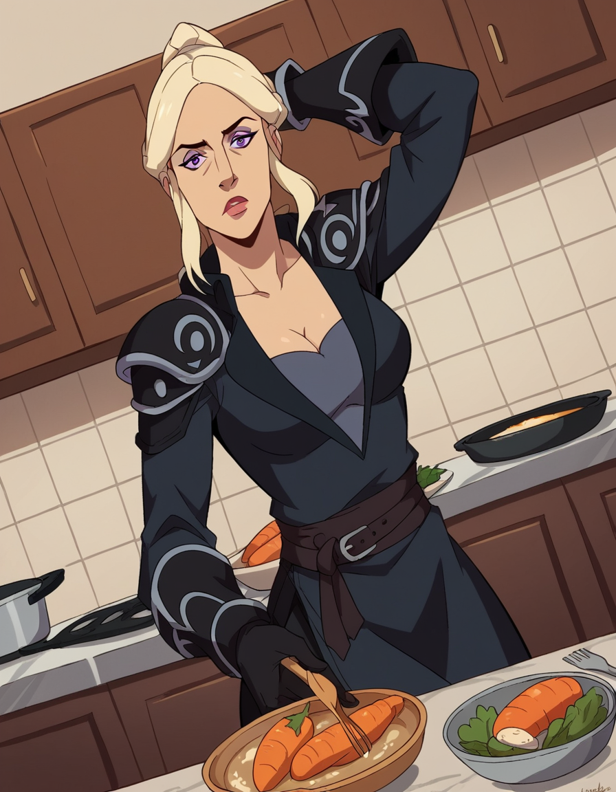score_9, score_8_up, score_7_up, source_anime, <lora:allura-vysoren-s3-ponyxl-lora-nochekaiser:1>, allura vysoren, ponytail, blonde hair, sidelocks,purple eyes, makeup, lipstick, cleavage, medium breasts, belt, long sleeves, dress, black dress, collarbone, shoulder armor, gloves, kitchen, cooking, apron, cutting vegetables, home cooking, , looking at viewer, hand behind head, , solo,, dutch angle, cowboy shot
