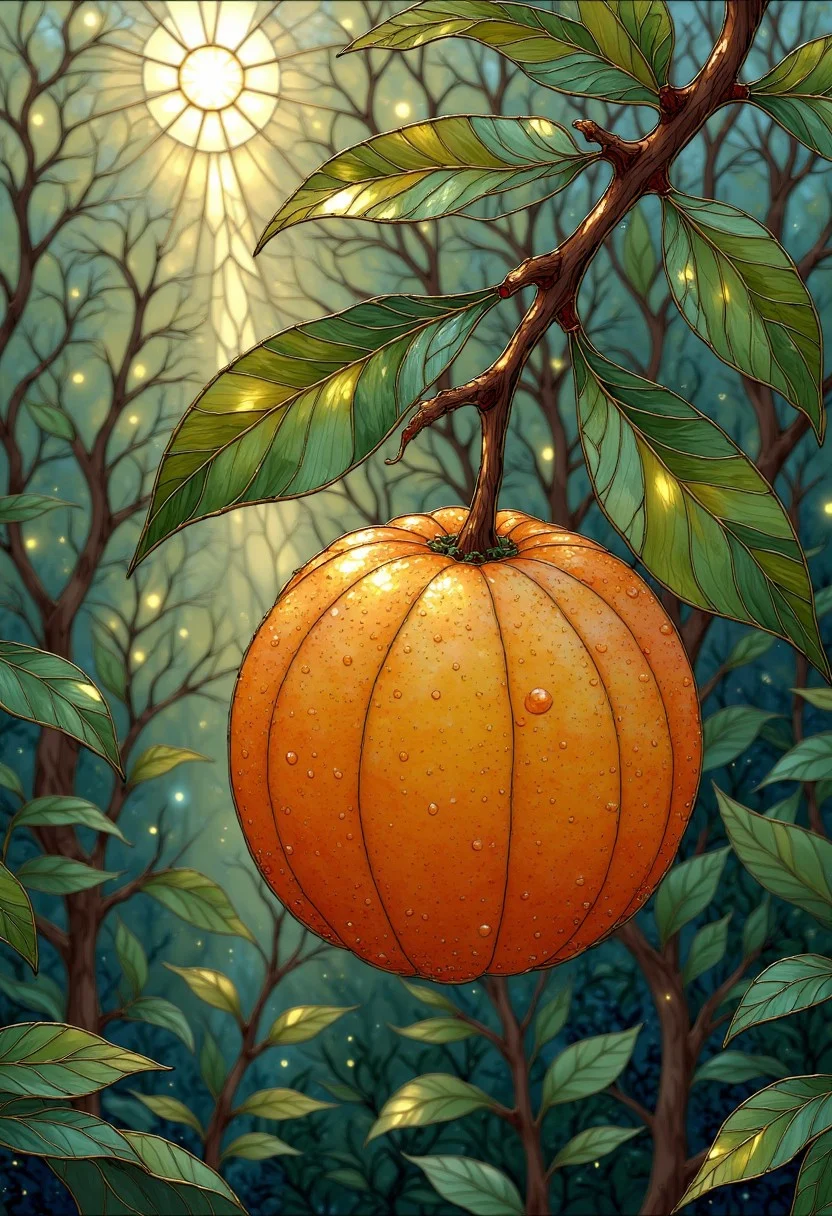 p1nk1est41n3dgl4ss, stained glass, an orange growing on a lush tree in an orchard in a warm summer morning with morning dew accumulated on its surface