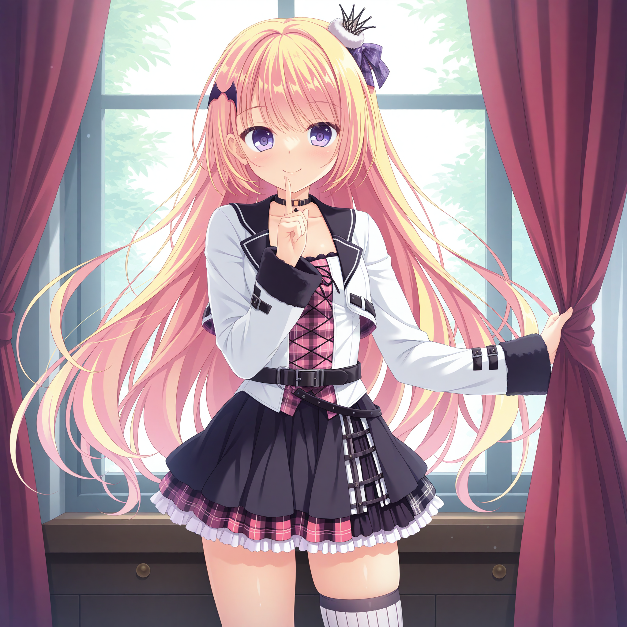 <lora:Yasaka_Menoa_1_nai-000039:1>,Yasaka Menoa,
official outfit,bat hair ornament,mini crown,hair bow,plaid bow,purple bow,white jacket,black skirt,long sleeves,cropped jacket,asymmetrical legwear,vertical-striped clothes,striped clothes,vertical-striped thighhighs,single thighhigh,pleated skirt,black ribbon,miniskirt,black choker,layered skirt,open jacket,fur trim,red skirt,frilled skirt,plaid skirt,frills,white thighhighs,single sock,black belt,black sock,
BREAK
1girl,solo,smile,window,standing,curtains,curtain grab,looking at viewer,front view,cowboy_shot,finger to mouth,