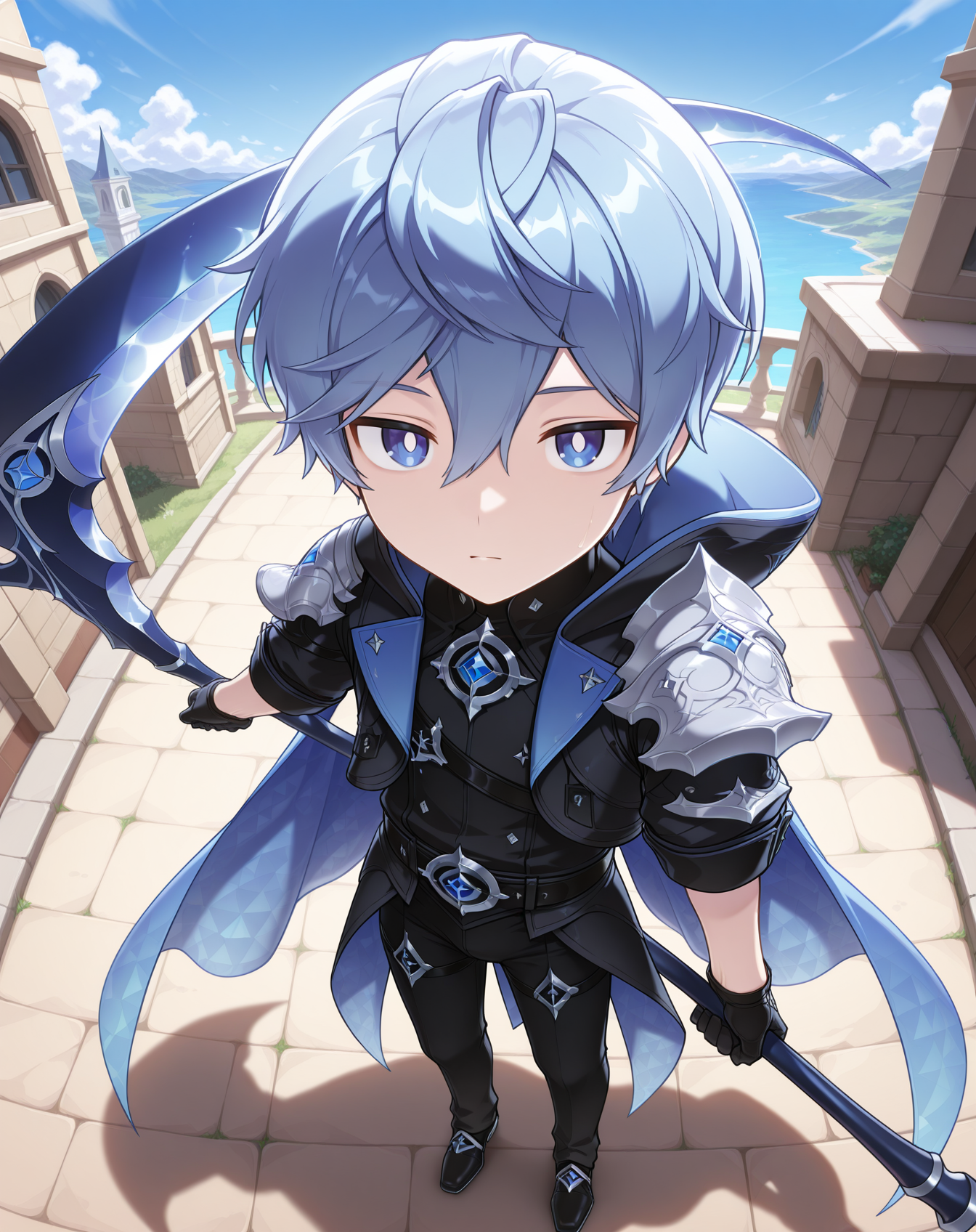 masterpiece, amazing quality, best quality, absurdres, very aesthetic,
1boy, solo, yaoi, male focus, full body, from above, standing, looking at viewer, face focus,
<lora:Noah_Liberator_ilxl:1>   noahlb, blue eyes, blue hair, hair between eyes, short hair, white pupils,
black gloves, shoulder armor, black pants, blue cape, pauldrons, hood down, belt, sleeves rolled up, black jacket, black footwear, shoes,
scythe, holding weapon, holding scythe,
outdoors, day, blue sky,