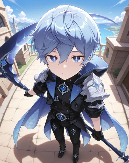 masterpiece, amazing quality, best quality, absurdres, very aesthetic,
1boy, solo, yaoi, male focus, full body, from above, standing, looking at viewer, face focus,
<lora:Noah_Liberator_ilxl:1> noahlb, blue eyes, blue hair, hair between eyes, short hair, white pupils,
black gloves, shoulder armor, black pants, blue cape, pauldrons, hood down, belt, sleeves rolled up, black jacket, black footwear, shoes,
scythe, holding weapon, holding scythe,
outdoors, day, blue sky,