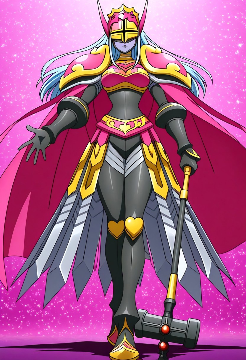 finetuneanime, anime screencap, official art, detailed anime, ultra detailed anime art, anime screencap, screencap, score_9, score_8_up, score_7_up, masterpiece, anime coloring, source_anime, Queen Chessmon, 1girl, armor, long hair, cape, black bodysuit, shoulder armor, colored skin, breastplate, bodysuit, (((large breasts, curvy, wide hips))), narrow waist, digimon \(creature\), high heels, weapon, silver-blue hair, helmet, pauldrons, grey skin, boobplate, heart, gloves, crown, boots, covered eyes, pink cape, full armor, parted lips, ((lipstick, purple lips)), belt, black gloves, spikes, waist cape, faulds, gauntlets, makeup, horns, jewelry, shoulder pads, mask, gold armor, bracelet, skin tight, armored skirt, swords on skirt, high heel boots
BREAK 
Stable_Yogis_PDXL_Positives, fullbody shot, standing, sideview, attacking with weapon, ((1hand holding war hammer, holding weapon, war hammer)), posing, dynamic pose,