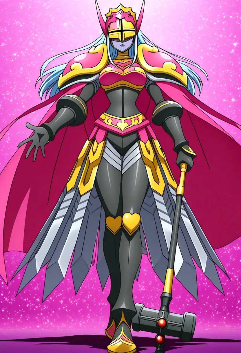 finetuneanime, anime screencap, official art, detailed anime, ultra detailed anime art, anime screencap, screencap, score_9, score_8_up, score_7_up, masterpiece, anime coloring, source_anime, Queen Chessmon, 1girl, armor, long hair, cape, black bodysuit, shoulder armor, colored skin, breastplate, bodysuit, (((large breasts, curvy, wide hips))), narrow waist, digimon \(creature\), high heels, weapon, silver-blue hair, helmet, pauldrons, grey skin, boobplate, heart, gloves, crown, boots, covered eyes, pink cape, full armor, parted lips, ((lipstick, purple lips)), belt, black gloves, spikes, waist cape, faulds, gauntlets, makeup, horns, jewelry, shoulder pads, mask, gold armor, bracelet, skin tight, armored skirt, swords on skirt, high heel boots
BREAK
Stable_Yogis_PDXL_Positives, fullbody shot, standing, sideview, attacking with weapon, ((1hand holding war hammer, holding weapon, war hammer)), posing, dynamic pose,