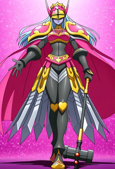 finetuneanime, anime screencap, official art, detailed anime, ultra detailed anime art, anime screencap, screencap, score_9, score_8_up, score_7_up, masterpiece, anime coloring, source_anime, Queen Chessmon, 1girl, armor, long hair, cape, black bodysuit, shoulder armor, colored skin, breastplate, bodysuit, (((large breasts, curvy, wide hips))), narrow waist, digimon \(creature\), high heels, weapon, silver-blue hair, helmet, pauldrons, grey skin, boobplate, heart, gloves, crown, boots, covered eyes, pink cape, full armor, parted lips, ((lipstick, purple lips)), belt, black gloves, spikes, waist cape, faulds, gauntlets, makeup, horns, jewelry, shoulder pads, mask, gold armor, bracelet, skin tight, armored skirt, swords on skirt, high heel boots
BREAK
Stable_Yogis_PDXL_Positives, fullbody shot, standing, sideview, attacking with weapon, ((1hand holding war hammer, holding weapon, war hammer)), posing, dynamic pose,