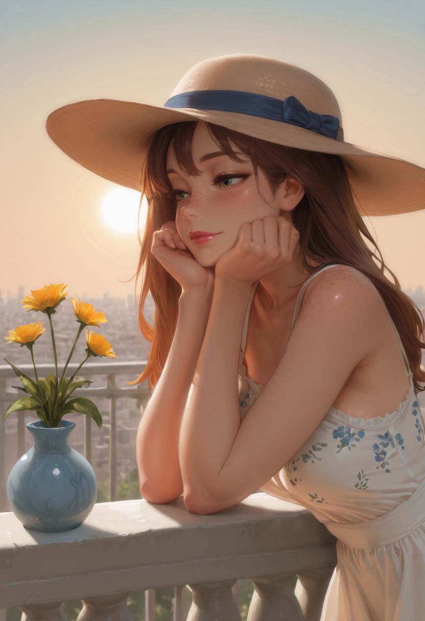 SmoothNoob_Quality, 1girl, solo, brown hair, long hair, green eyes, detailed eyes, freckles, lipstick, light smile, hat, sundress, floral print, sleeveless, tied shoulder straps, balcony, railing, white railing, flowers vase, leaning on railing, head rest on arm, sun, summer, cityscape, scenery  <lora:SmoothStyle_Lambda:1>