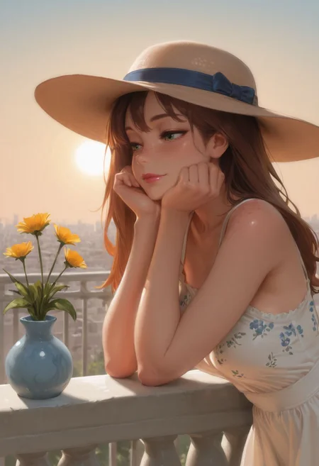 SmoothNoob_Quality, 1girl, solo, brown hair, long hair, green eyes, detailed eyes, freckles, lipstick, light smile, hat, sundress, floral print, sleeveless, tied shoulder straps, balcony, railing, white railing, flowers vase, leaning on railing, head rest on arm, sun, summer, cityscape, scenery  <lora:SmoothStyle_Lambda:1>