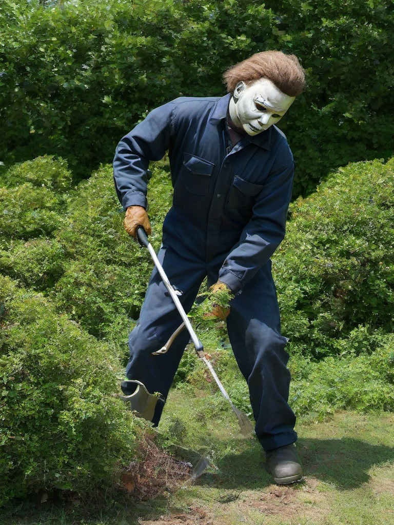 Masterpice,High Quality,
 <lora:PE_Michael Myers:0.8> PEMichaelMyers,
gardener,trimming bushes,
