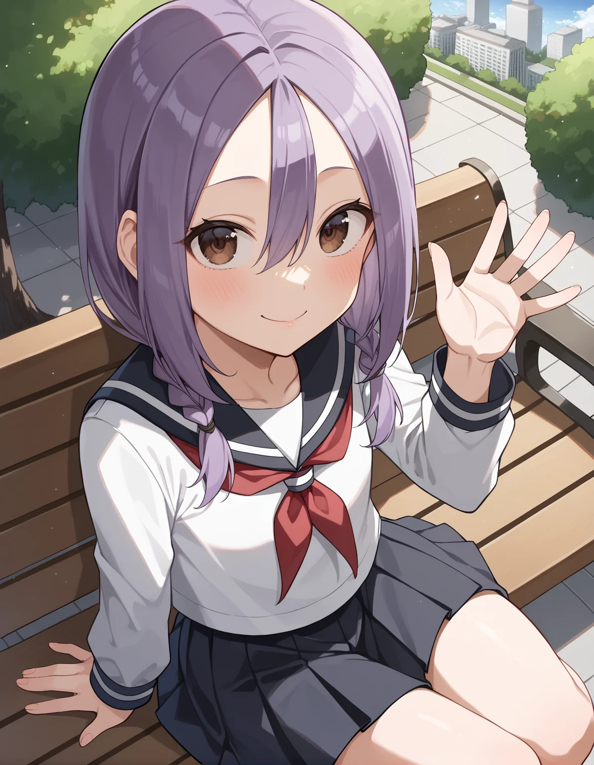 score_9, score_8_up, score_7_up, source_anime, rating_safe, BREAK <lora:urushiYaotome_XL-Pony_LoRA-C3Lier_8-8-8-8_AdamW_Un3e-4_Te1.5e-4_10batch:1>, yaotome urushi, 1girl, purple hair, long hair, hair between eyes, parted bangs, twin braids, low twintails, brown eyes, school uniform, serafuku, white shirt, black sailor collar, red neckerchief, long sleeves, pleated skirt, black skirt, sitting, waving, from above, looking up, looking at viewer, facing viewer, light smile, blush, closed mouth, light particles, light rays, park bench, park, tree, cityscape, blue sky, cloud