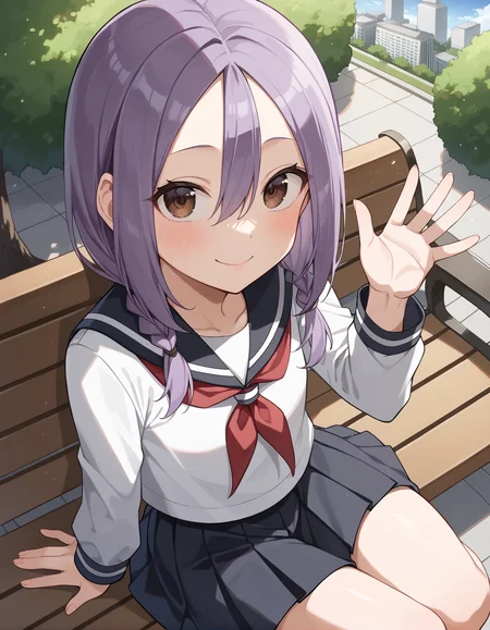 score_9, score_8_up, score_7_up, source_anime, rating_safe, BREAK <lora:urushiYaotome_XL-Pony_LoRA-C3Lier_8-8-8-8_AdamW_Un3e-4_Te1.5e-4_10batch:1>, yaotome urushi, 1girl, purple hair, long hair, hair between eyes, parted bangs, twin braids, low twintails, brown eyes, school uniform, serafuku, white shirt, black sailor collar, red neckerchief, long sleeves, pleated skirt, black skirt, sitting, waving, from above, looking up, looking at viewer, facing viewer, light smile, blush, closed mouth, light particles, light rays, park bench, park, tree, cityscape, blue sky, cloud