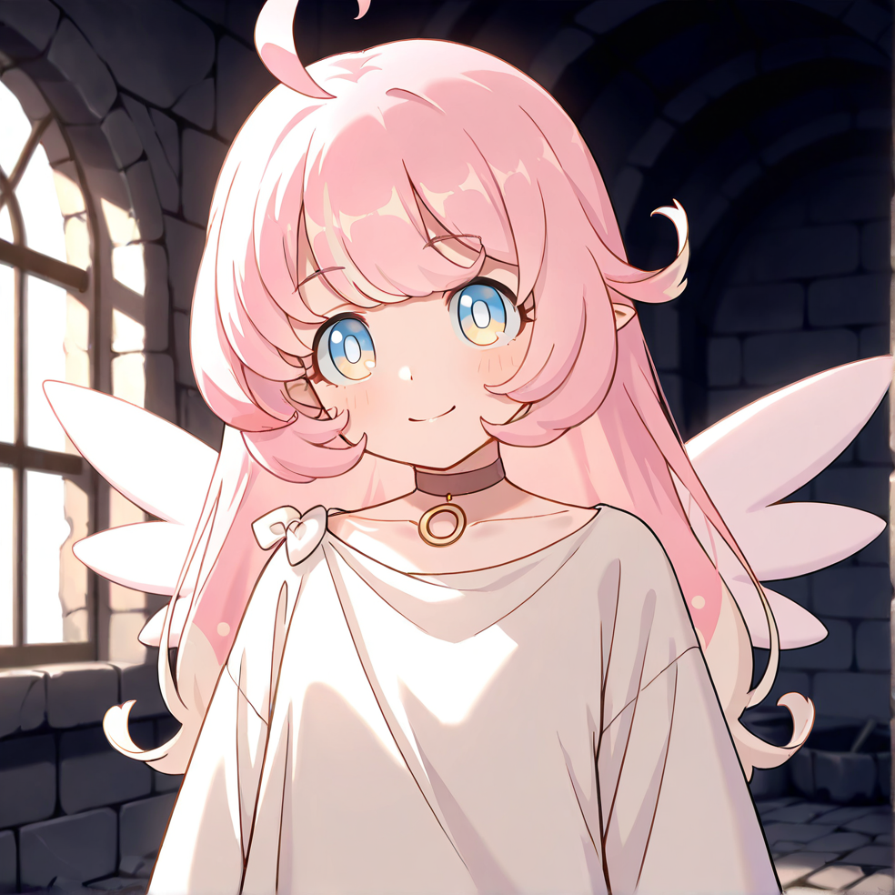masterpiece, best quality, very aesthetic, absurdres, detailed, dungeon, ruins, break, raphy_(princess_connect), 1girl,long hair,pink hair,ahoge,multicolored hair,bangs,blue eyes,wings,white dress,choker