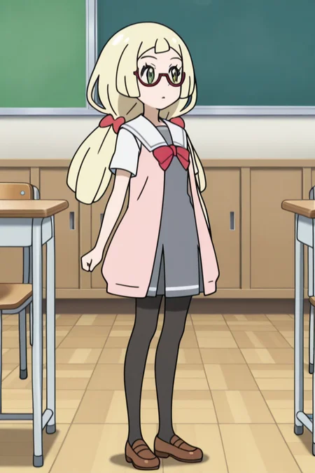 1girl, classroom, posing, 
<lora:lilie_v3:1> mag3ca gir7l, 
li7lie un7form,green eyes,long hair,blonde hair,tied hair,two pigtails,red glasses,gray school uniform,red bow,sailor collar, light pink open shirt,black pantyhose, brown shoes,, masterpiece, high quality, absurdres, best quality, very aesthetic, newest,
