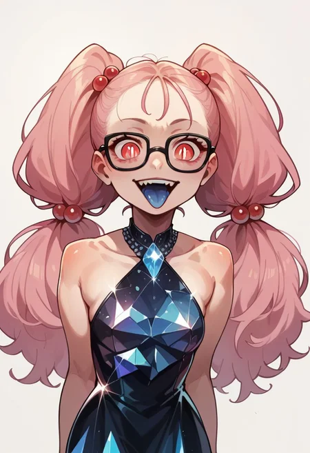 score_9, score_8_up, score_7_up, score_6_up, score_5_up, score_4_up, 1girl, long hair, pink hair, red_eyes, small_breasts, petite, cute, looking_at_viewer, pigtails, red_hair_bobbles, hands_on_hips, glasses, black_nails, Perfect Hands, perfecteyes, blue_tongue, blue tongue, open_mouth, crystalline dress, black_dress, black sundress, covered_erect_nipples, white_background, glowing_eyes, slit_pupils, smile, crazy