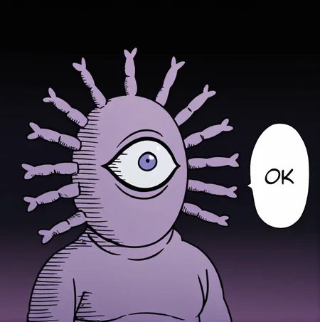 <lora:GyoroGyoro-000004:1> one-eyed, one eye, solo, no mouth, looking at viewer, no humans, male focus, 1boy,<lora:one_punch_man_ok_meme_illustriousXL:0.8> onepunchman_meme, speech bubble, english text, meme, parody, parallel lines, impact lines, purple gradient background, side view