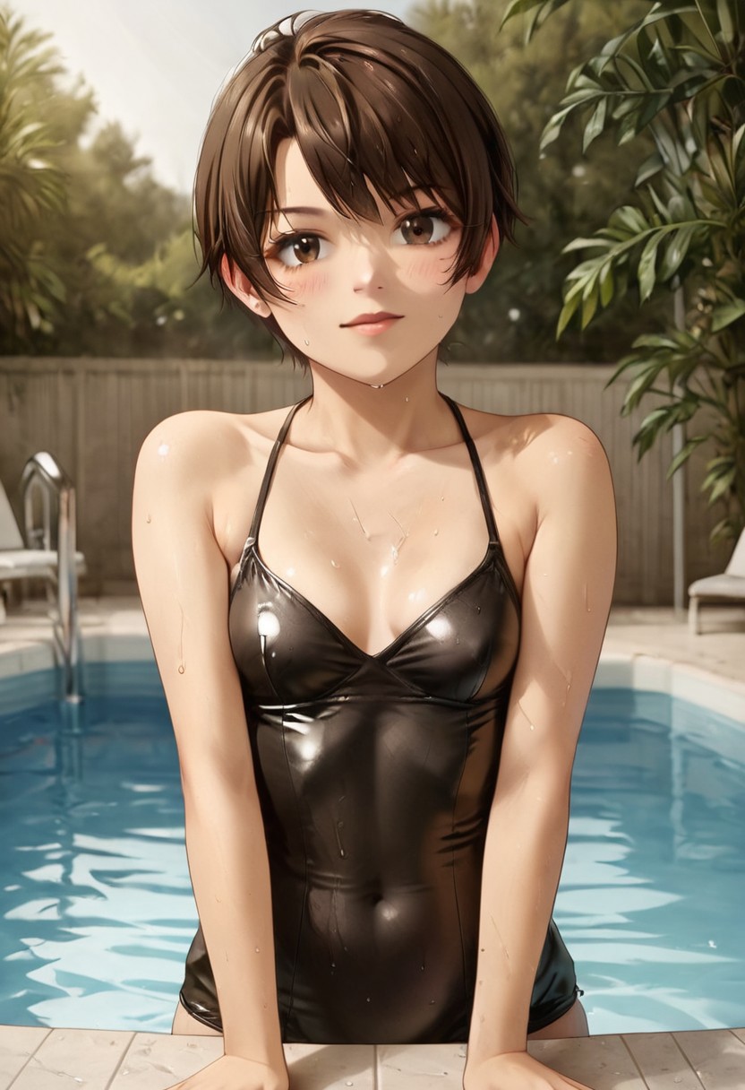 D37_Da441,, 1girl, short hair, brown hair, small breasts, black short dress, pool,