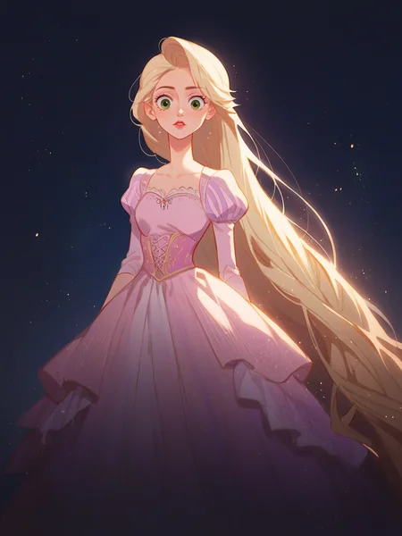 source_anime, score_9, score_8_up, score_7_up, score_6_up, score_5_up,  <lora:rdjXLP:1> rdj, light particles, 1girl, night sky, dress, Rapunzel