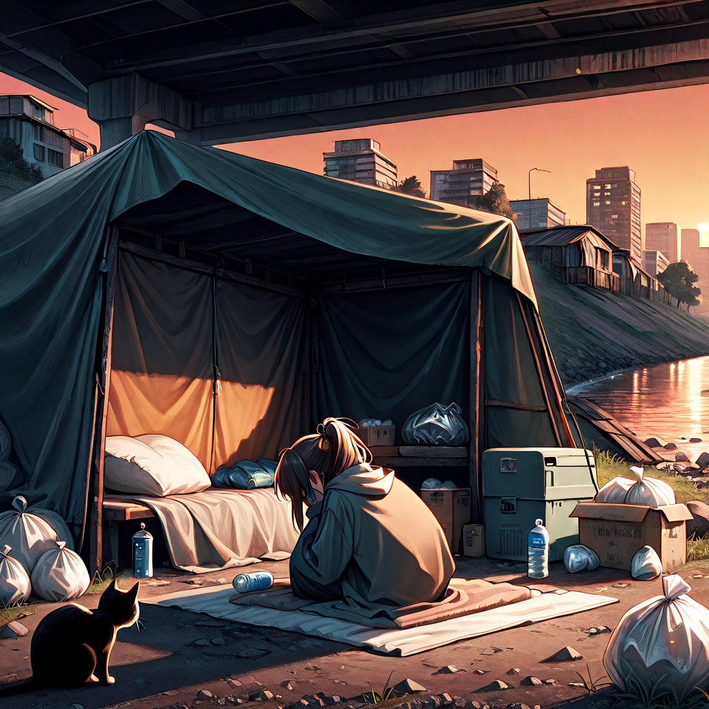 absurdres, explicit, shack under bridge, deep shadow, stanind, facing away, 1girl, light frown, blanket, covering with blanket, cat, box, fog, city, tree, rock, weeds, ruins, river, water, building, scenery, outdoors, trash bag, water bottle, awning, tent interior, sunset, hands covered own face, <lora:girlhateshackunderbridge_ilxl:1>