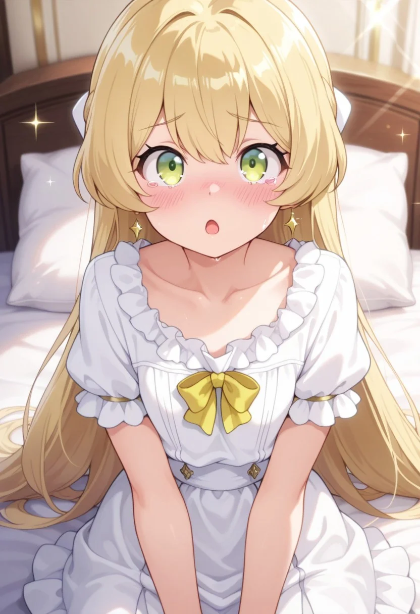 masterpiece,best quality,amazing quality,  telestia terra esfort, blonde hair, long hair, green eyes, 1girl, solo, looking at viewer, tears, blush, pillow, tearing up, collarbone, short sleeves, :o, sparkle