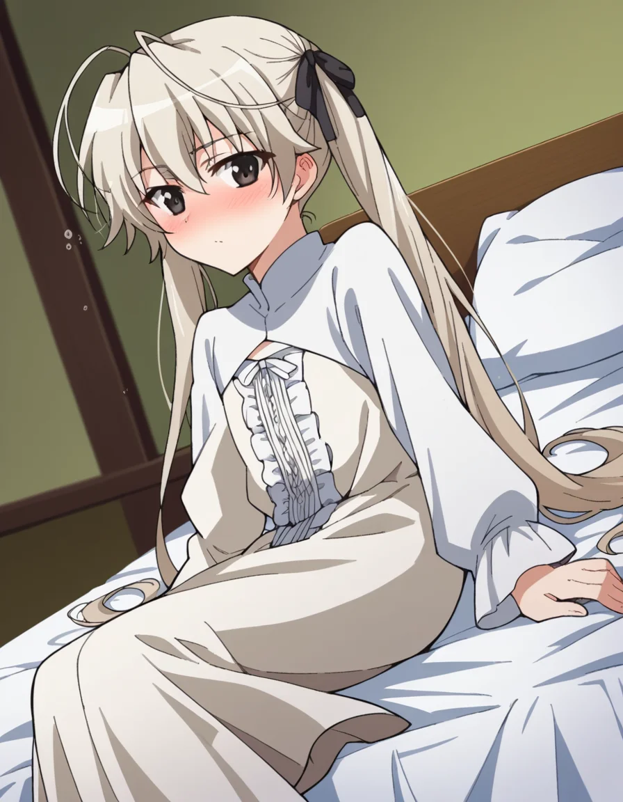 score_9, score_8_up, score_7_up, source_anime,
sorakasugano, <lora:sora-kasugano-s1-ponyxl-lora-nochekaiser:1>,
sora kasugano, ahoge, black eyes, hair between eyes, hair ribbon, long hair, twintails, black ribbon, white hair,
dress, long sleeves, white dress, long skirt,
indoors, bed, bed room, on side, blush, drunk,
looking at viewer, cowboy shot, solo, dutch angle,