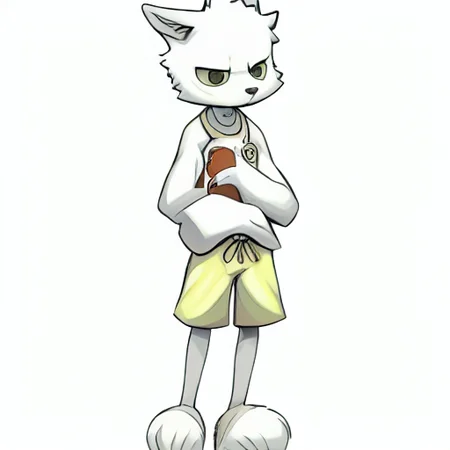 Solo, cute, Wolf, Furry, furry body, white shirt, yellow shorts, cute, 1boy, white fur, detailed, high quality