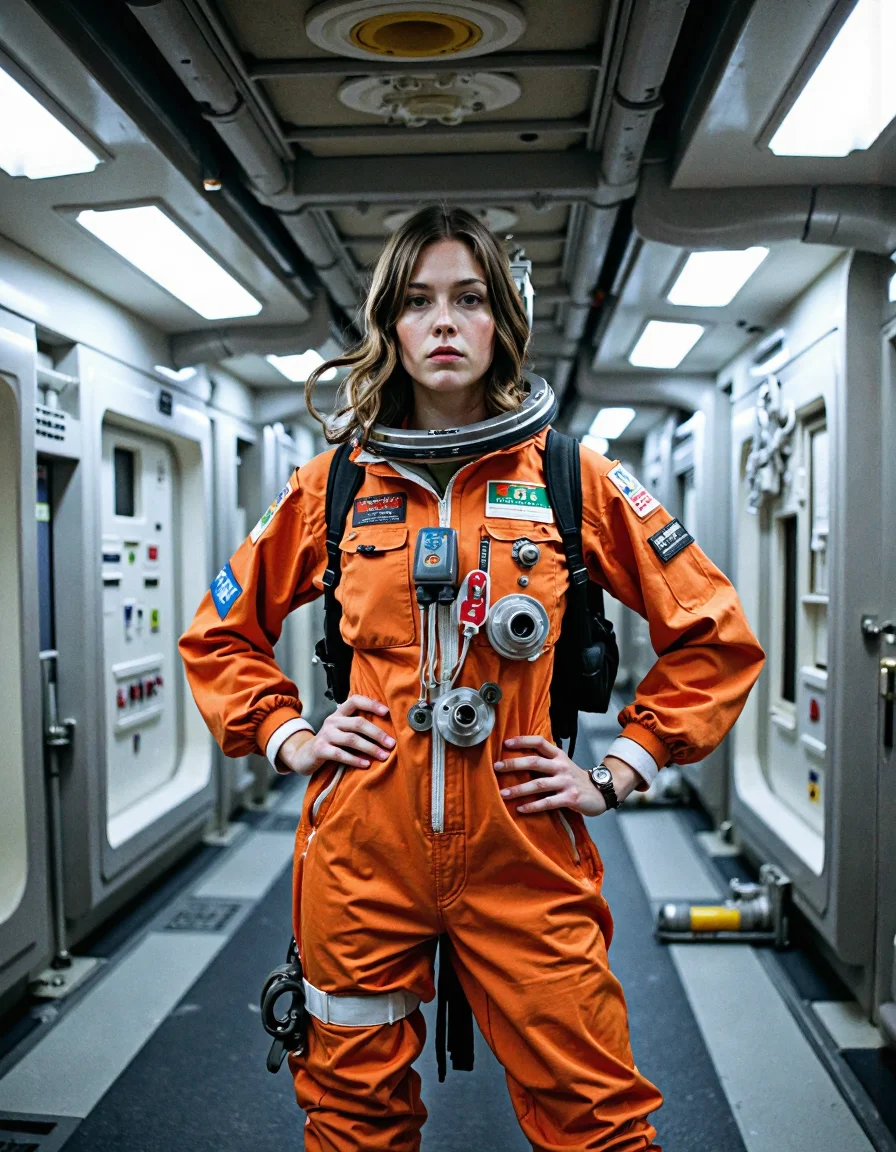 nostromo style woman wearing spacesuit, in a spaceship hallway, overhead pipes, pipes along floor, ceiling decoration,
extremely detailed, sharp focus, sharp