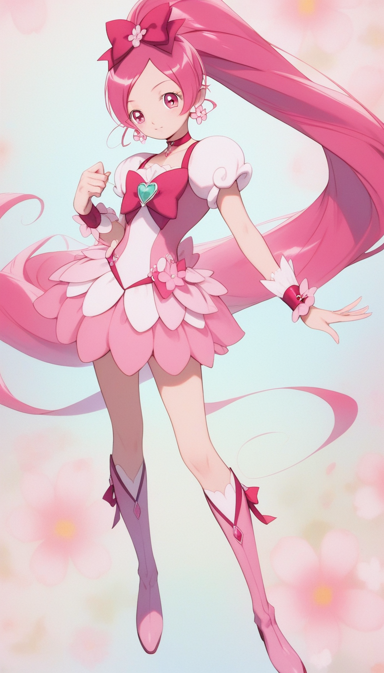 score_9,score_8_up,score_7_up,score_6_up,score_5_up,score_4_up,source_anime,best quality,masterpiece,realism,ultra-detailed,highres,solo,1girls,
<lora:p3tr4XLP:0.8>,p3tr4,flower pattern background,<lora:cureblossom.pony:1>,CUREBLOSSOM,long ponytail,hair ribbon,wrist cuffs,gem,flower earrings,boots,choker,shorts under skirt,pink shorts,