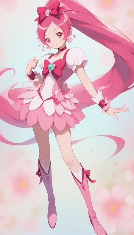 score_9,score_8_up,score_7_up,score_6_up,score_5_up,score_4_up,source_anime,best quality,masterpiece,realism,ultra-detailed,highres,solo,1girls,
<lora:p3tr4XLP:0.8>,p3tr4,flower pattern background,<lora:cureblossom.pony:1>,CUREBLOSSOM,long ponytail,hair ribbon,wrist cuffs,gem,flower earrings,boots,choker,shorts under skirt,pink shorts,