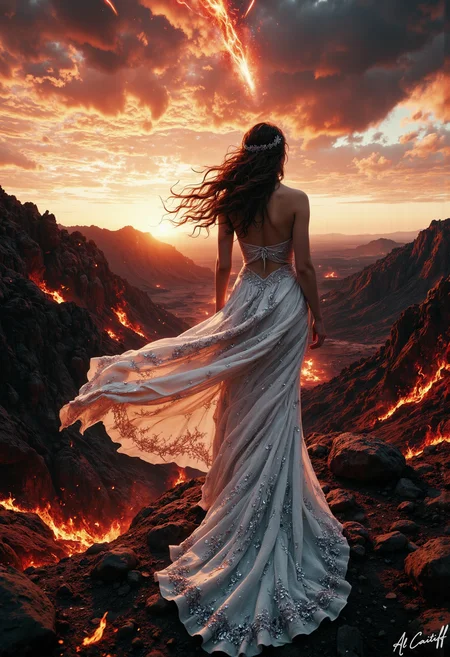 Extreme low-angle shot, 17mm fisheye lens with pronounced barrel distortion, intense motion blur on the subject's long, curly brown hair, and a deep f/4.5 depth of field. A woman stands at the edge of a vast, barren wasteland, her back to the camera as she gazes upwards. She wears a flowing, strapless white gown with intricate, swirling silver embroidery that seems to shimmer in the light. Her slender fingers are splayed outwards, as if she's about to grasp something out of the sky. Her long, lithe body is silhouetted against a blazing sunset, with vibrant orange and pink hues bleeding across the sky. A fiery, hellish landscape stretches out behind her, with twisted rock formations and smoldering lava flows. A burning, crimson-colored meteor streaks across the sky, casting a fiery glow over the scene., l1n0c2t, fg<lora:CustomFlux/MysticRealism.safetensors:1.0000000000000002:1.0000000000000002> <lora:CustomFlux/MysticFantasy.safetensors:0.25000000000000006:0.25000000000000006> <lora:Flux/Linocut - s1 g4.safetensors:0.25000000000000006:0.25000000000000006> <lora:Flux/Stylized-Super-Texture.safetensors:0.5000000000000001:0.5000000000000001>