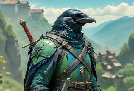 corvidfolk, holding a sword, blue and green armor, background sky over valley