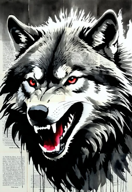 (by Loui Jover,traditional media, greyscale, monochrome, newspaper background:1.3), 
an awe-inspiring portrayal of a monstrous huge wolf. Every line and brushstroke bursts with vibrant energy, showcasing the intricate details of the beast's menacing fangs, adorned with striking shades of black and red. The image, most likely a dynamic and captivating painting, captures the essence of this legendary creature: its formidable power, dark allure, and undeniable presence. With meticulous precision, the artist masterfully captures fierce gaze and the intensity of its wrath, making this a mesmerizing and top-tier representation to behold
<lora:LOUIJOVER#SXDL1.0#by Loui Jover#v2.00#-000006-rs.sv_fro.0.999-nr.0128:1>