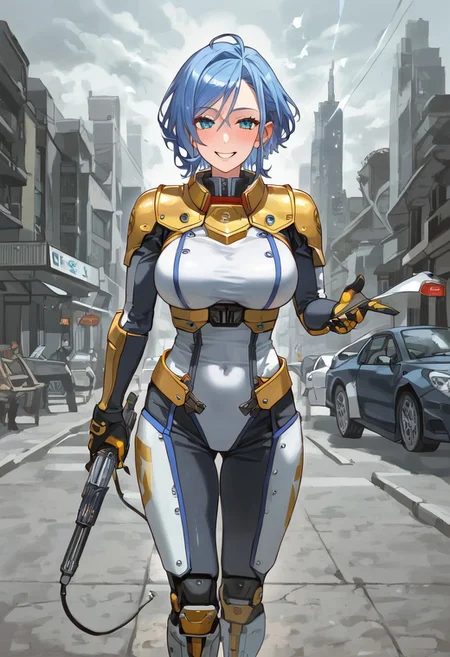 score_9,score_8_up,score_7_up,source_anime, 1girl, (((master piece:1.2))),(((best quality:1.2))),(((ultra detailed))),(((1girl))),(((intricate))),(((anime screencap))),(((very aesthetic:1.2))),((( Cité 17 background))),(((absudres:1.2))),(((embroidered))),(((scenery))),((extremely detailed CG)),(dynamic angle:1.4), woman in sci fi outfit standing on deserted street holding crowbar,
BREAK,
half life (series), (ami mizuno reimagined as a scientist in hev suit from half life 2),breasts, 1girl, blue_hair, blue_eyes, (dynamic pose:1.4), Cité 17 background, smile, solo, looking_at_viewer, detailled_background, blue short_hair, blush, boots, gloves, standing, cowboy_shot, hev armor style, holding a crowbar, weapon, solo focus, holding, outdoors, covered navel, hev suit bodysuit
BREAK;
(intricate details:1.12), (intricate details, hyperdetailed:1.15), hdr, dystopian sci-fi city, (at day:1.2), cinematic, half life aesthetic, science aesthetic, ominous background, bimbo atmosphere, lustful atmosphere, gray and pastel theme, city background, ground vehicle, motor vehicle, car, building, electric cable, camera,