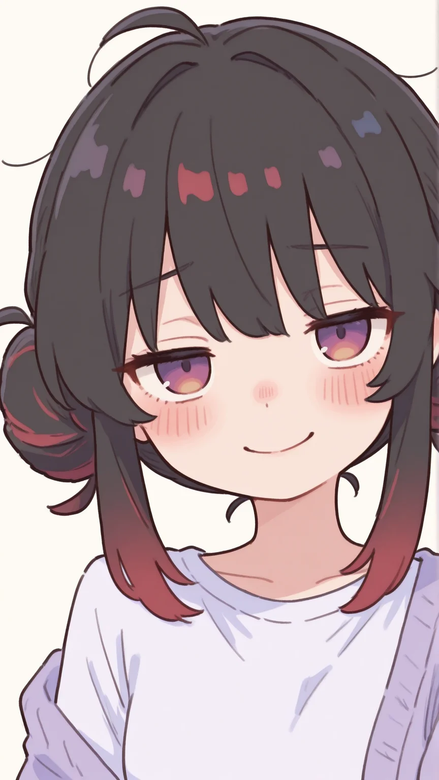 Flat colors, high detailed, high quality, masterpiece, best quality, very awa, absurdres, detailed eyes, detailed face, detailed skin, simple background, BREAK (colourful:1.3), (cute character:1.5), 1girl, 25 years old, perfect face, adult, detailed face, portrait, face focus, depth of field, looking at viewer, blush, shy smile, (close up), multicolored hair, black hair, red hair, hair bun, double bun, messy hair, white shirt, purple cardigan, off shoulder, bedroom, detailed background, soft pastel colours, warm and sunny atmosphere, artist:moriimee <lora:Artstyle__uwzoa_illustrious:1>