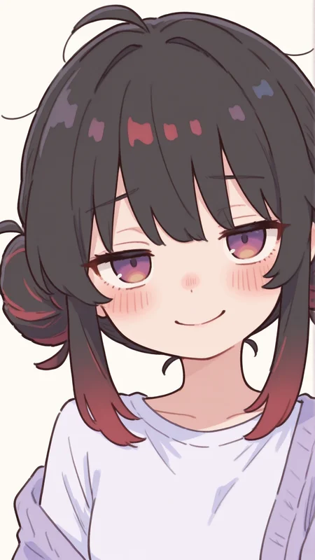 Flat colors, high detailed, high quality, masterpiece, best quality, very awa, absurdres, detailed eyes, detailed face, detailed skin, simple background, BREAK (colourful:1.3), (cute character:1.5), 1girl, 25 years old, perfect face, adult, detailed face, portrait, face focus, depth of field, looking at viewer, blush, shy smile, (close up), multicolored hair, black hair, red hair, hair bun, double bun, messy hair, white shirt, purple cardigan, off shoulder, bedroom, detailed background, soft pastel colours, warm and sunny atmosphere, artist:moriimee <lora:Artstyle__uwzoa_illustrious:1>