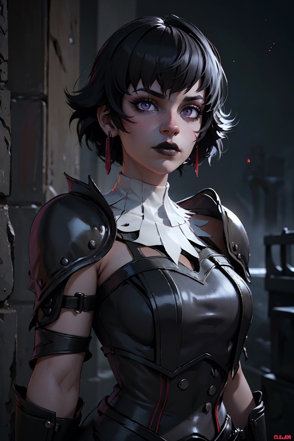 (masterpiece, best quality, highres, high resolution:1.2), extremely detailed, intricate details, 1girl, solo, looking at viewer, clamBlair, <lora:clamBlair:0.6>, <lora:MHR_Fiorayne-DEF:0.6> earrings, armor, (goth girl, gothic, makeup, black lips, pale skin), bangs, long hair, jet black hair, purple eyes, (cinematic lighting, bloom, volumetric),