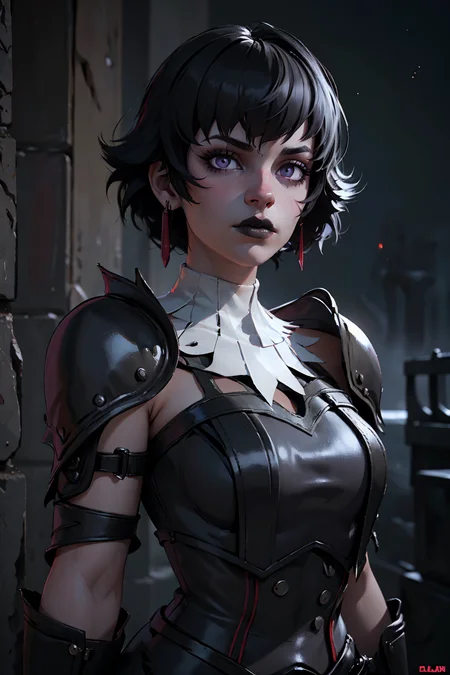 (masterpiece, best quality, highres, high resolution:1.2), extremely detailed, intricate details, 1girl, solo, looking at viewer, clamBlair, <lora:clamBlair:0.6>, <lora:MHR_Fiorayne-DEF:0.6> earrings, armor, (goth girl, gothic, makeup, black lips, pale skin), bangs, long hair, jet black hair, purple eyes, (cinematic lighting, bloom, volumetric),